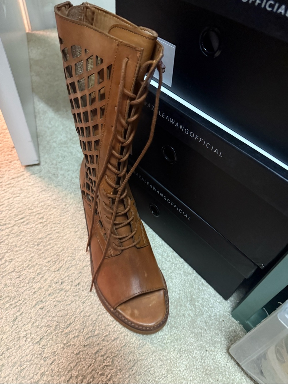 Steve Madden Tan Cutout Lace-Up Open-Toe Knee Boot
